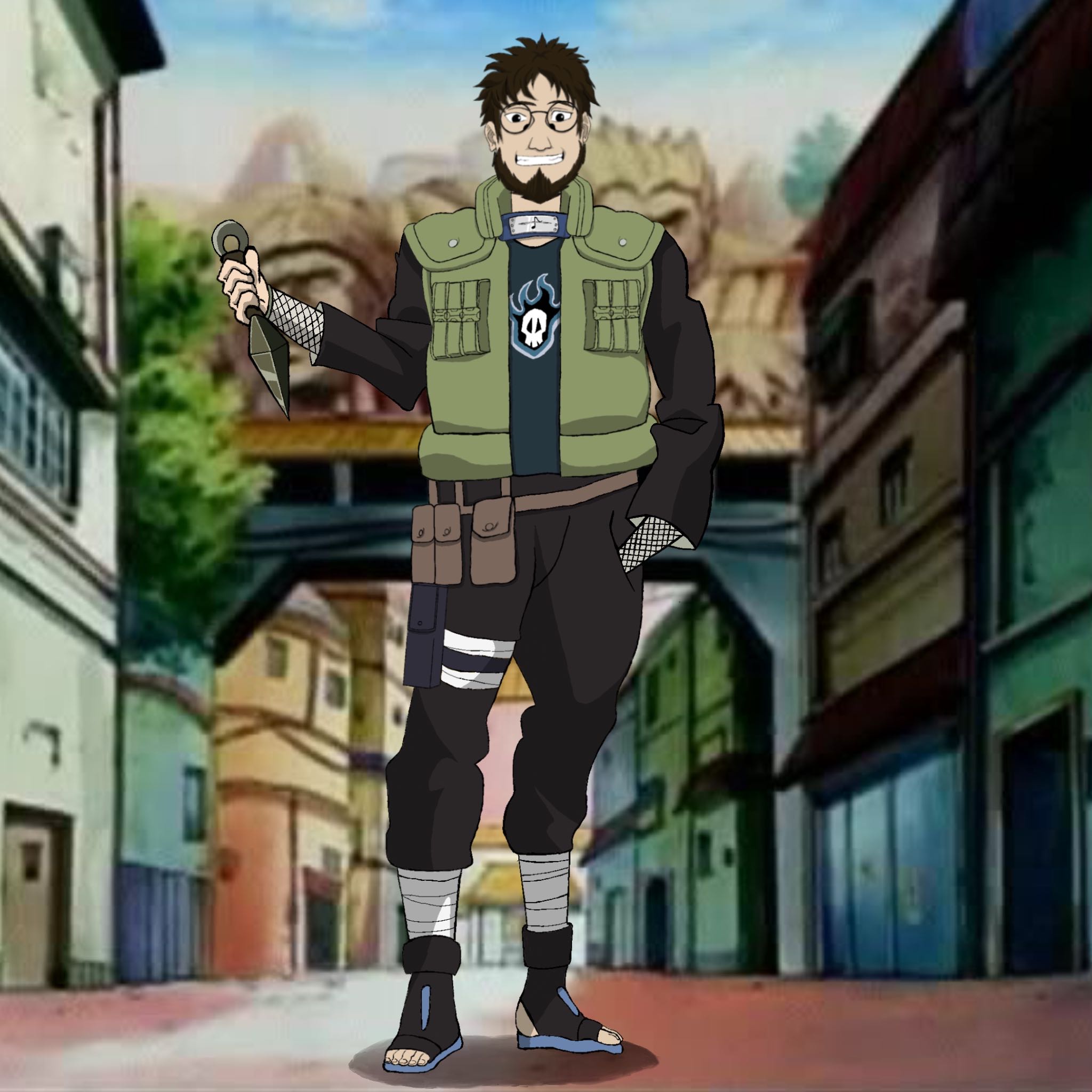 Illustration de James, l’animateur de l’émission ComicsDiscovery, redessiné dans le style de l’univers Naruto. Il porte un gilet tactique vert de ninja, un pantalon noir renforcé avec des bandages aux jambes, des sandales ouvertes typiques des ninjas de Konoha et un t-shirt noir orné d’un crâne stylisé entouré de flammes bleues. Sur sa jambe, plusieurs pochettes d’équipement ninja sont accrochées. James tient un kunai dans la main droite et affiche un sourire confiant. En arrière-plan, on aperçoit le village de Konoha avec les visages sculptés des Hokage dans la montagne.