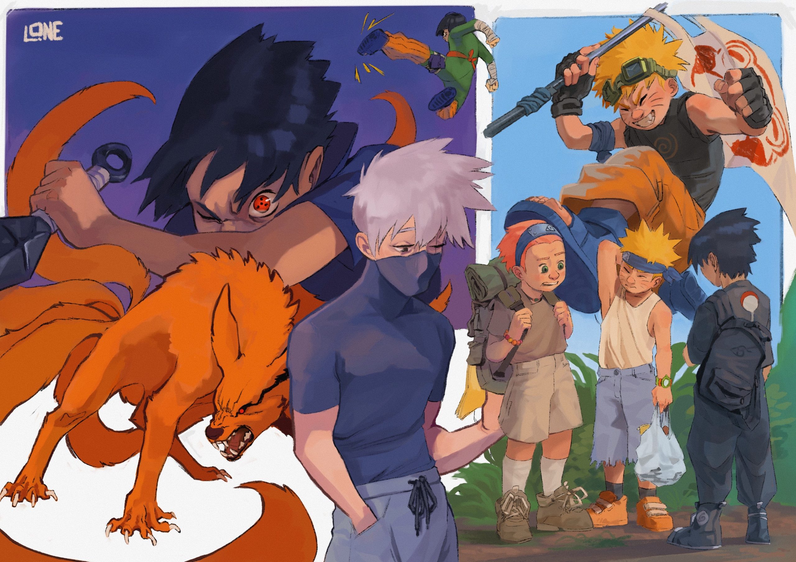 Illustration colorée inspirée de l’univers de Naruto. À gauche, on voit Sasuke avec son Sharingan activé, une kunai à la main, devant une représentation féroce de Kyûbi, le renard à neuf queues. Derrière eux se tient Kakashi, l’air sérieux, les mains dans les poches, le visage à moitié couvert par son masque. En haut à droite, Rock Lee lance un coup de pied sauté. Juste en dessous, Naruto bondit avec énergie, un large sourire et un drapeau sur le dos. Enfin, en bas à droite, on retrouve une scène plus légère : Naruto, Sasuke et Sakura enfants, habillés en tenues modernes et estivales, discutent ensemble comme de simples camarades.